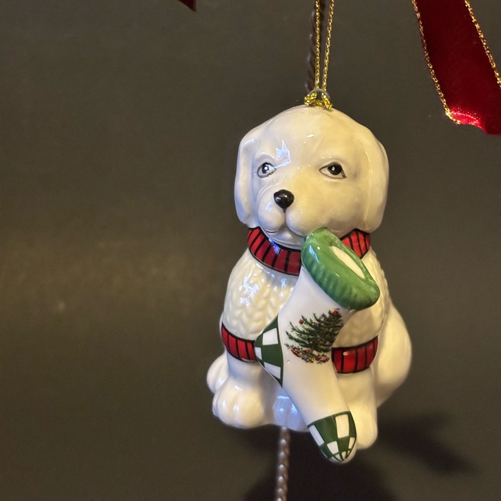 Spode Christmas Tree Dog with stocking Ornament